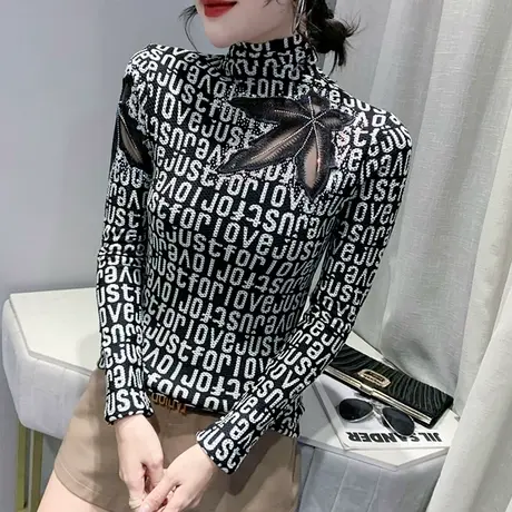 加绒打底衫女秋冬紧身内搭长袖T恤欧货洋气刺绣小衫性感镂空上衣商品大图