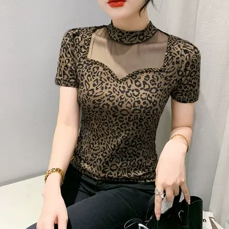 欧货镂空T恤女短袖2023新款性感网纱拼接小衫洋气钉珠紧身上衣ins商品大图