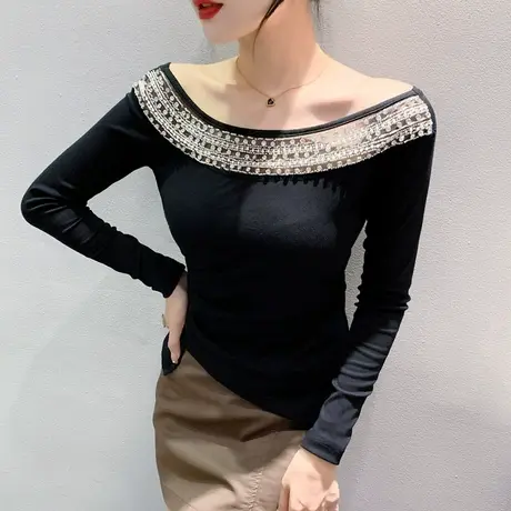 性感一字肩上衣女长袖时尚设计感不规则T恤内搭网纱拼接打底衫秋商品大图