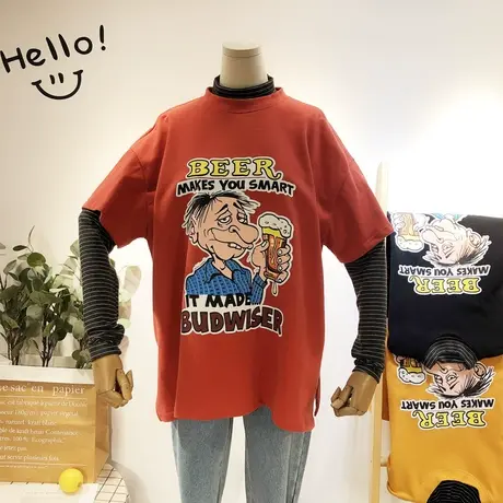 2020早春新款韩国东大门ins超火潮搞怪假两件套T恤宽松BF大码打底图片