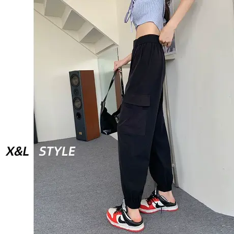 黑色束脚速干工装裤女秋薄款宽松直筒高腰显瘦休闲哈伦美式运动裤图片