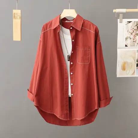 中长款休闲衬衫外套女宽松大码春秋季上衣打底衫长袖简约衬衣开衫图片