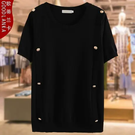 夏装大码200斤冰丝针织短袖T恤洋气时尚中年胖妈妈薄款双排扣上衣商品大图