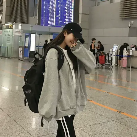 2023秋冬新款纯色卫衣女连帽chic拉链韩版宽松加绒学生运动外套潮商品大图