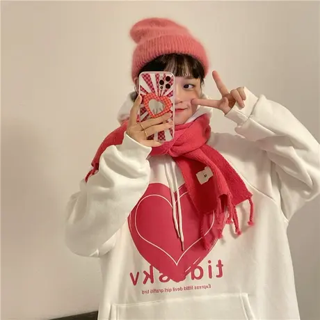 红续学院风爱心印花加绒卫衣女慵懒加厚oversize冬季宽松长袖上衣商品大图