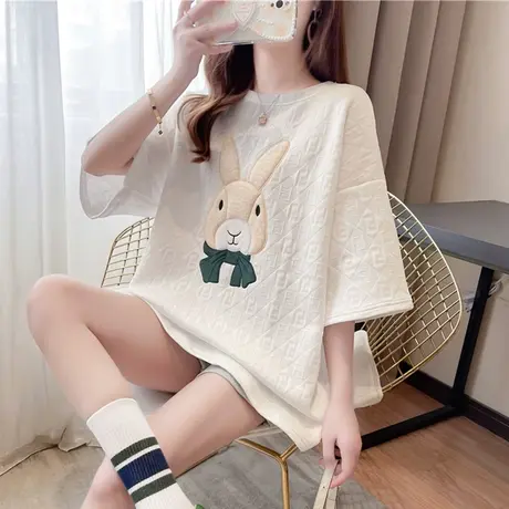 设计感小众短袖t恤女夏季韩版宽松大码女装中长款ins半袖上衣服潮图片