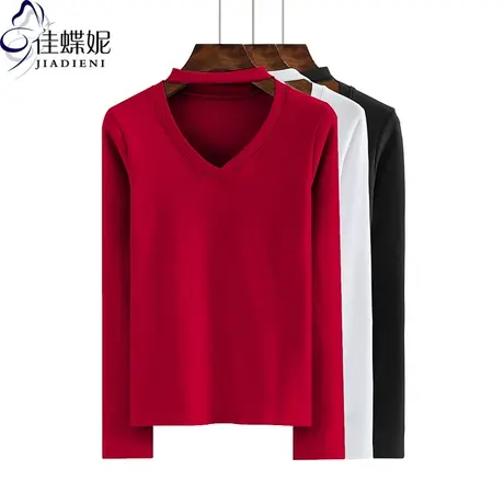 秋冬季女士t恤长袖百搭纯色镂空打底衫上衣V领修身纯棉体恤显瘦商品大图
