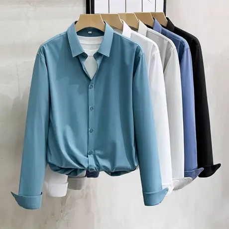 高级感男士铜氨丝长袖衬衫男修身弹力2023新款免烫商务休闲男衬衣商品大图