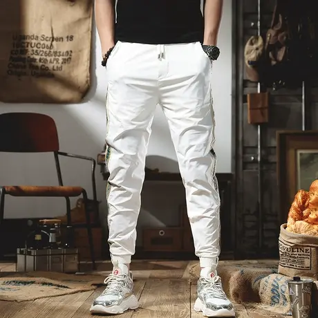夏季冰丝九分休闲裤男潮流百搭直筒修身收口9分白色运动裤子潮牌商品大图