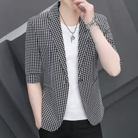 夏季中袖小西装男士短袖韩版修身格子西服潮流薄款新款七分袖外套商品大图