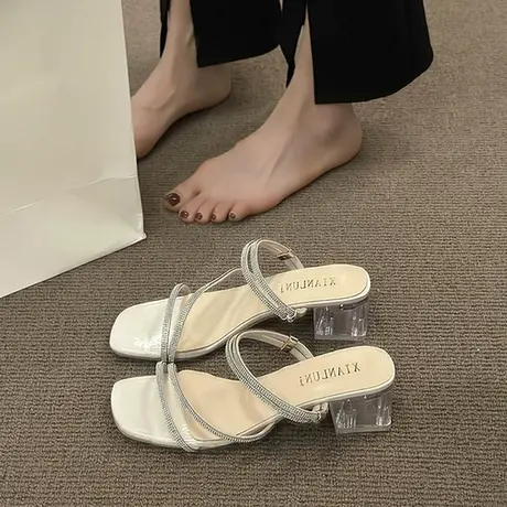 两穿仙女风水晶凉拖鞋女夏外穿ins风2023新款百搭中跟粗跟罗马鞋图片