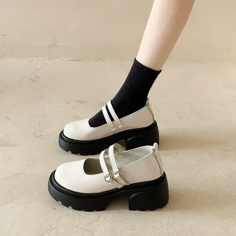 玛丽珍女鞋2023夏季新款百搭浅口温柔单鞋粗跟增高复古法式小皮鞋商品大图