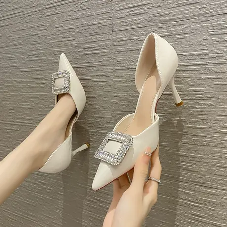 包头凉鞋女时尚2023年新款夏季性感气质水钻方扣尖头中空细跟单鞋商品大图