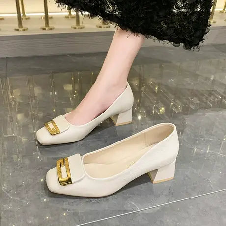 方头方扣单鞋女2023秋季新款时尚百搭小众气质职业工作高跟鞋粗跟图片