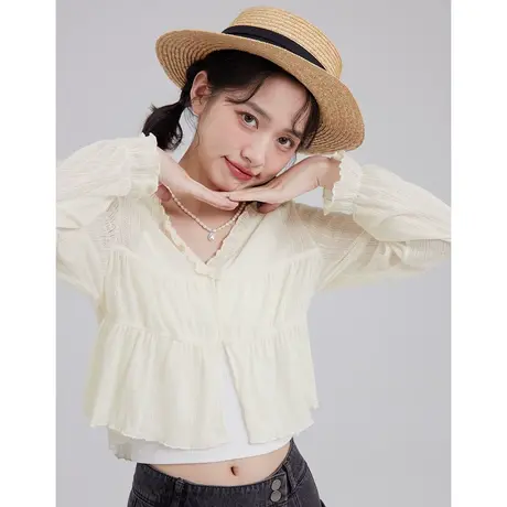 尔给防晒衣2023新款长袖防晒衫女夏季薄款套头喇叭袖木耳边上衣商品大图