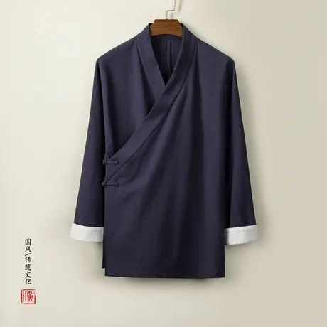 唐装男装中国风男士秋冬上衣外套斜襟交领道袍棉麻居士服禅意茶服图片
