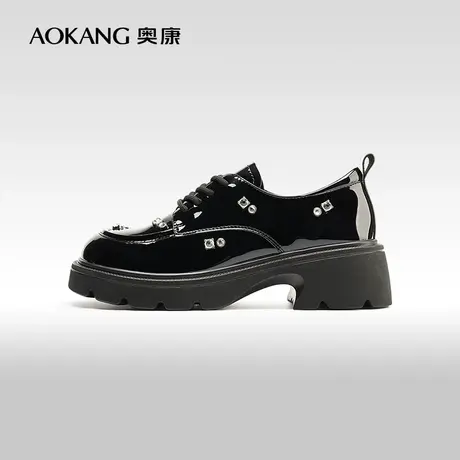 【门店发货】奥康女鞋 春秋季新款水钻乐福鞋系带单鞋小皮鞋黑图片
