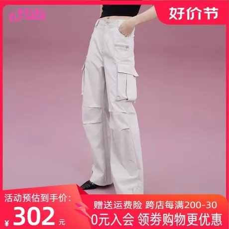 妖精的口袋白色工装裤女2023春季新款直筒裤宽松长裤运动休闲裤子图片