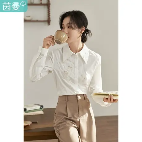 【商场同款】茵曼2023春女装新款精致绣花撞色波边翻领长袖衬衫图片