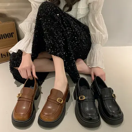 厚底乐福鞋女204春秋季新款复古英伦风百搭单鞋一脚蹬粗跟小皮鞋商品大图