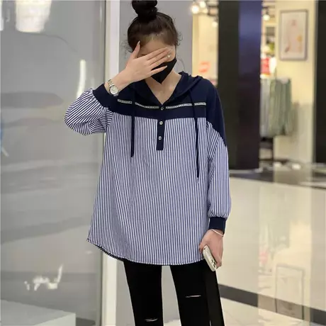 2023秋季新款条纹衬衫撞色拼接连帽女士卫衣显瘦遮肉减龄宽松上衣商品大图