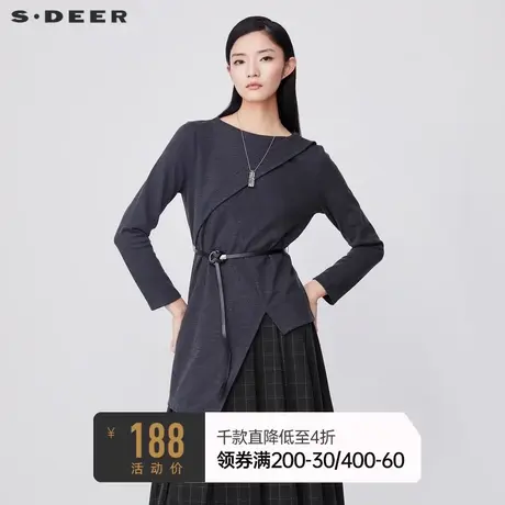 sdeer圣迪奥冬时尚圆领不规则拼接收腰长袖T恤S21480211📟图片