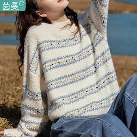 茵曼条纹毛衣女2023新款秋冬长袖宽松慵懒风针织衫打底衫上衣漂亮商品大图