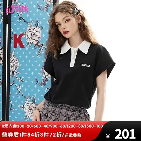 妖精的口袋黑色短袖polo领t恤女2023夏季新款小个子显瘦飞袖上衣商品大图