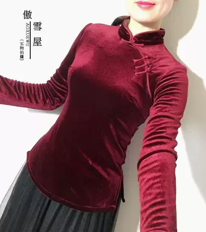 傲雪屋中式丝绒长袖复古盘扣旗袍上衣 民国风改良短款唐装女汉服商品大图