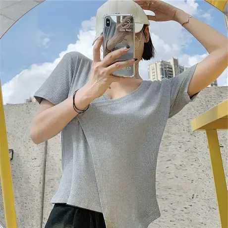 夏季设计感小众冰丝螺纹辣妹v领短袖t恤女独特别致高腰短款上衣服商品大图