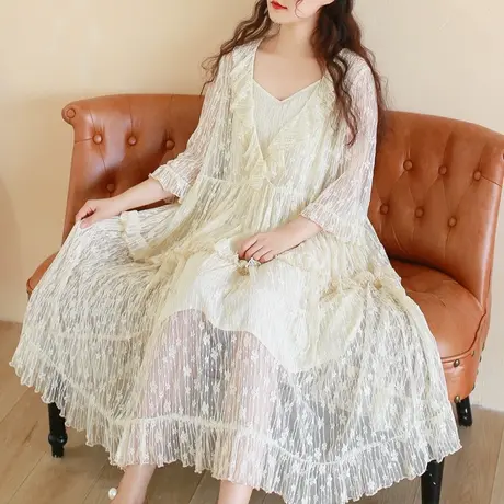 胖妹妹春装2023新款优雅蕾丝拼接吊带裙 加大码两件套长裙200斤女商品大图