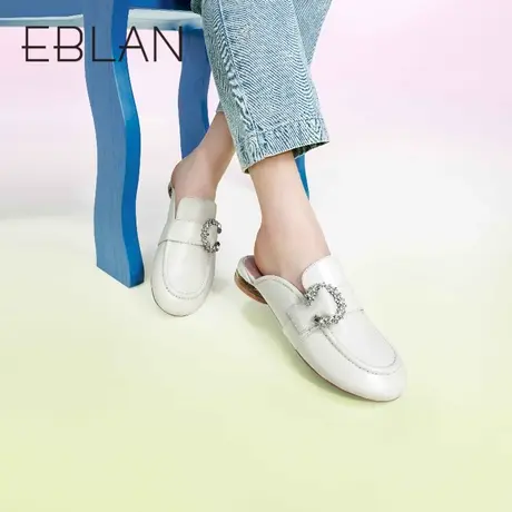 伊伴女鞋春夏水钻扣饰穆勒鞋真皮懒人一脚蹬半凉休闲鞋拖鞋女商品大图