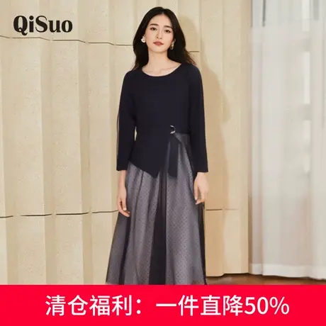 绮娑女装2025春装新款气质假两件网纱拼接针织显瘦大码胖MM连衣裙图片