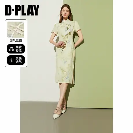 DPLAY夏国风绿色滚边斜襟撞色收腰开叉新中式改良旗袍连衣裙图片