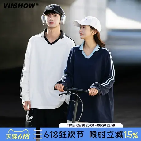 VIISHOW春季男士设计感拼色微V翻领长袖T恤宽松百搭男女同款上衣商品大图