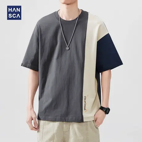 hansca 230g重磅美式复古纯棉短袖T恤男2025夏季新款潮牌撞色上衣商品大图