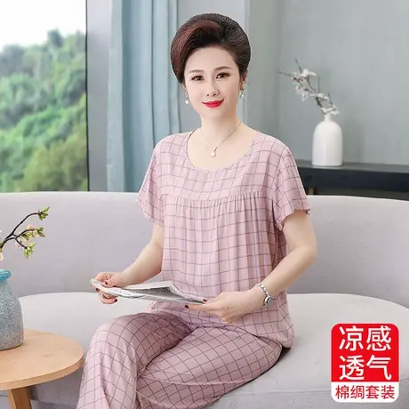妈妈夏装2024新款套装中老年棉绸女装短袖睡衣夏季薄款两件套衣服图片