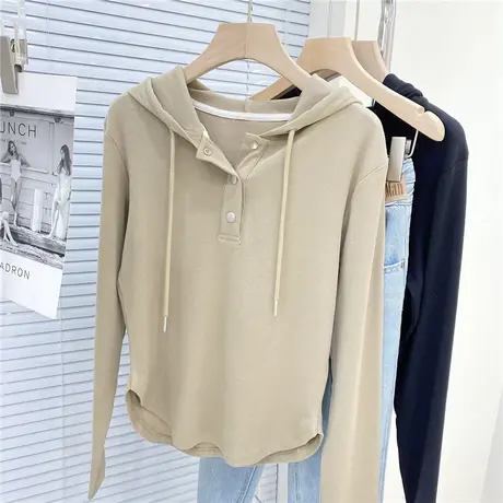 连帽短款t恤女2023春季新款时尚洋气半系扣修身显瘦卫衣外穿上衣商品大图
