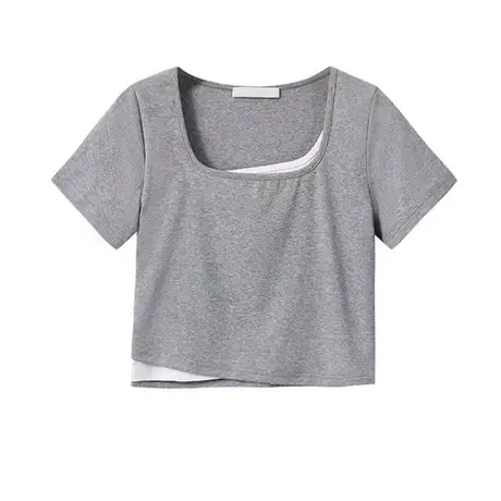 正肩假两件t恤女夏季2023年新款短袖ins潮辣妹短款上衣设计感小众商品大图