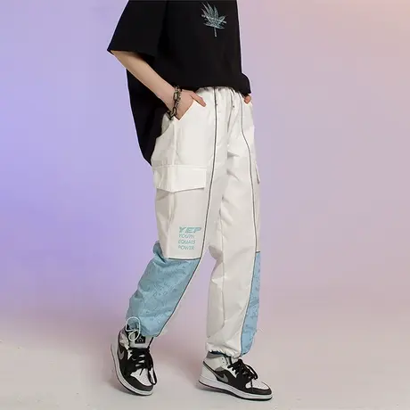 YEP拼接裤子女设计感小众宽松直筒抽绳束脚休闲裤潮反光条运动裤商品大图