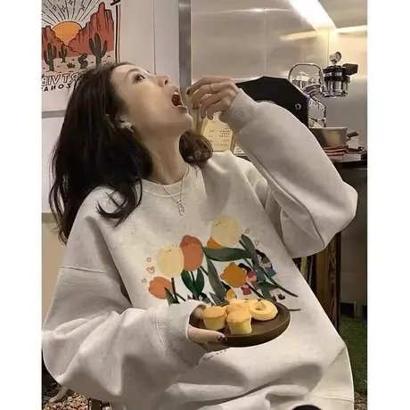 ins超火无帽圆领卫衣女秋季薄款宽松显瘦韩版休闲文艺长袖上衣服商品大图