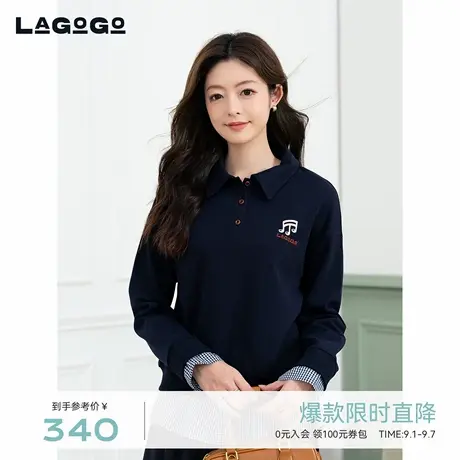 LAGOGO格子拼接卫衣女拉谷谷2025年秋季新款松弛感上衣OCEE418B01图片