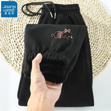 KHV真维斯黑色运动裤子女2025新款春秋季薄款高腰直筒显瘦束脚裤商品大图