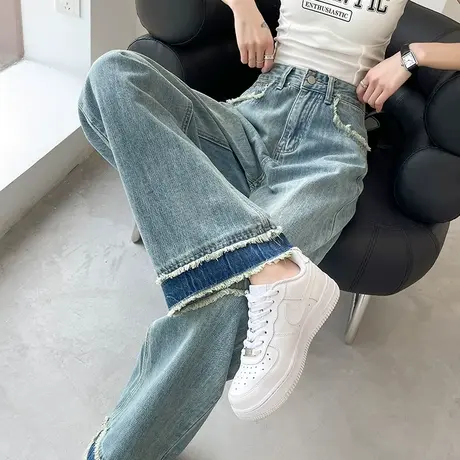 阔腿牛仔裤女春秋新款高腰窄版复古显瘦撞色拼接小众直筒拖地裤潮商品大图