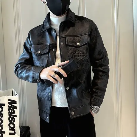 鹿皮绒外套春秋季高级感轻奢百搭个性痞帅发型师翻领轻熟工装夹克图片