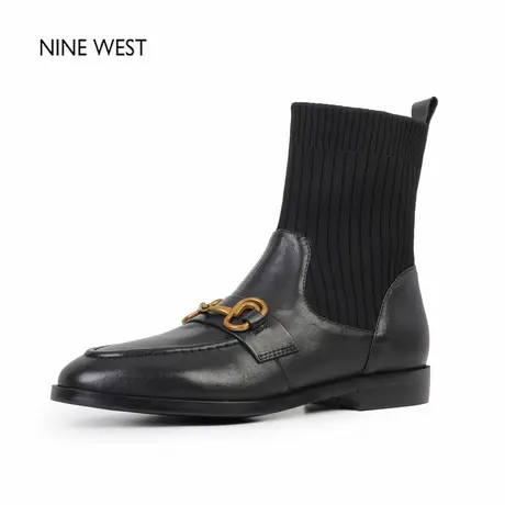 奥莱专供Nine West/玖熙法式复古金属弹力瘦瘦靴袜靴圆头粗跟短靴图片