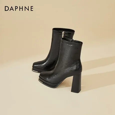 达芙妮黑色高跟短靴女2026新款春季小个子增高女鞋粗跟方头瘦瘦靴图片