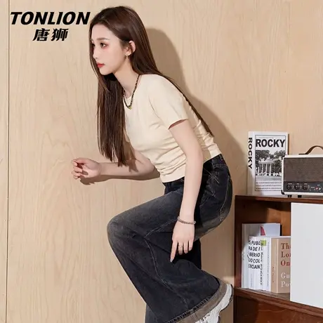 唐狮官方抽褶短袖t恤女2026新款夏季正肩半袖打底衫小个子上衣VC图片