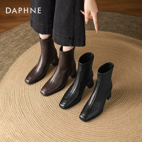 达芙妮高跟短靴女2026秋春新款法式复古粗跟弹力瘦瘦靴加绒马丁靴商品大图