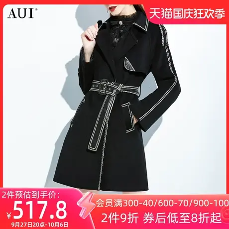 AUI黑色高级感气质毛呢外套2023女冬新款拼接pu皮小个子呢子大衣商品大图